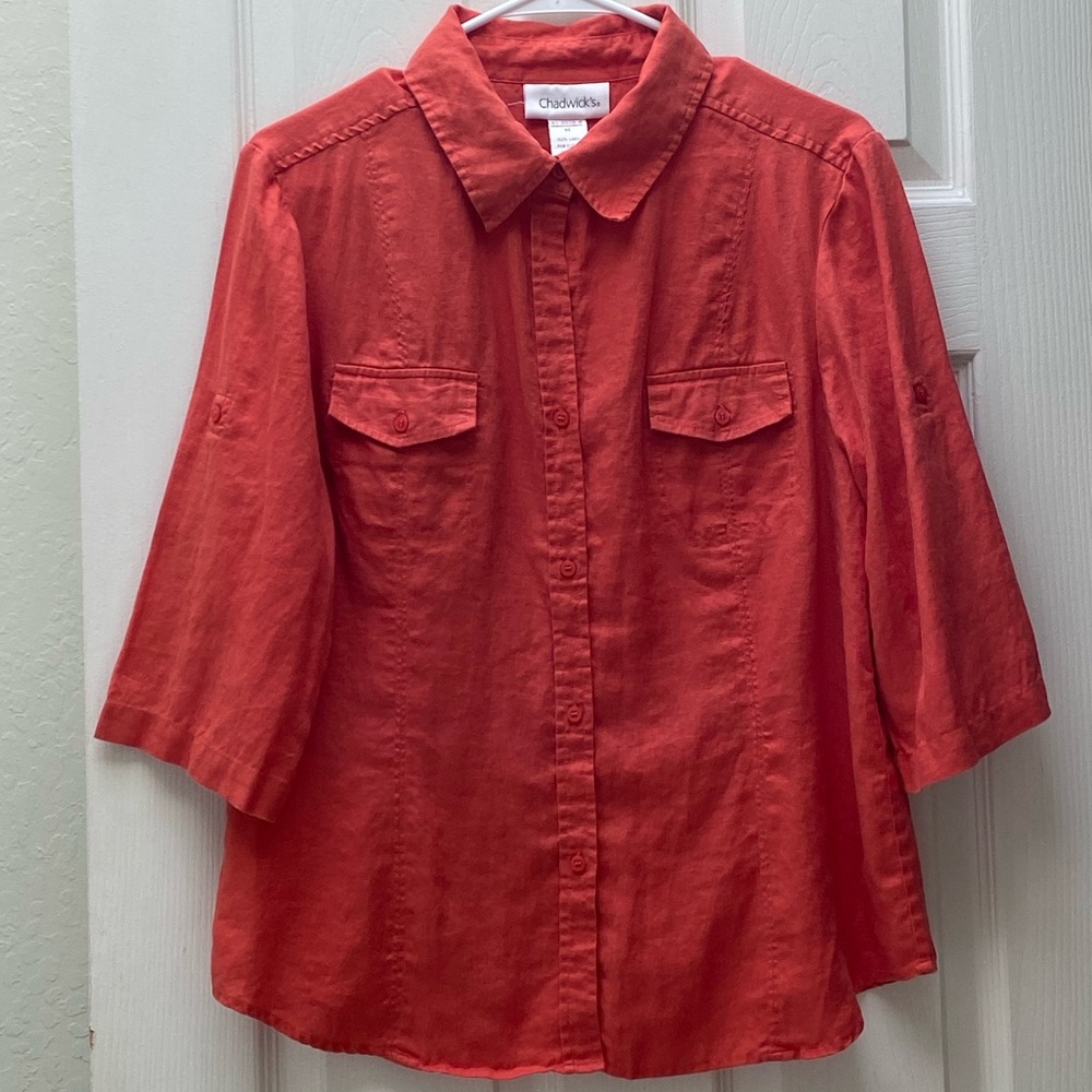 CHADWICK’S | 100% Linen Coral Button Down Shirt Size 14 - Picture 3 of 10